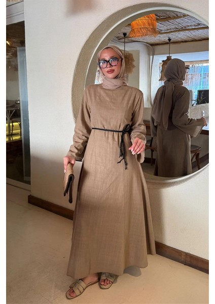 3335 Bisiklet Yaka Şaç Örgü Kuşaklı Keten Apple Elbise