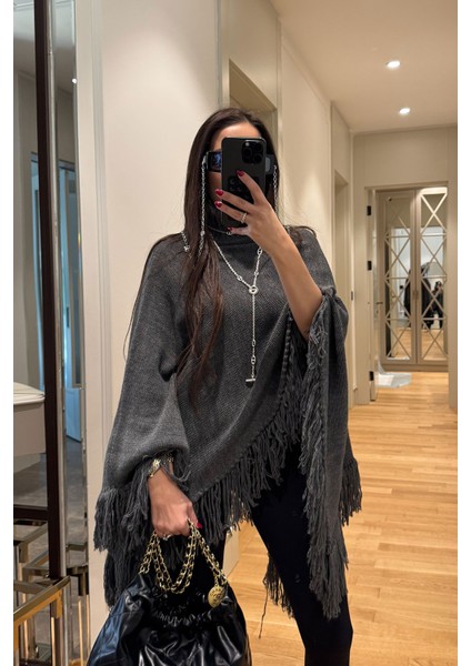 Püsküllü Triko Panço- Antrasit