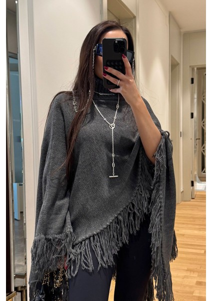 Püsküllü Triko Panço- Antrasit fiyatları