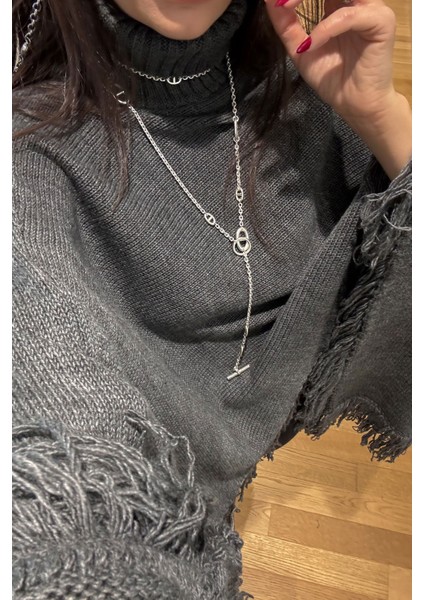 Püsküllü Triko Panço- Antrasit fırsatları