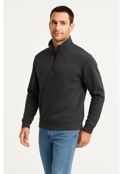 Erkek Dik Yaka Sweatshirt Dik Yaka Yarım Fermuarlı 3 Iplik Şardonlu Pamuk Kumaş - Antrasit