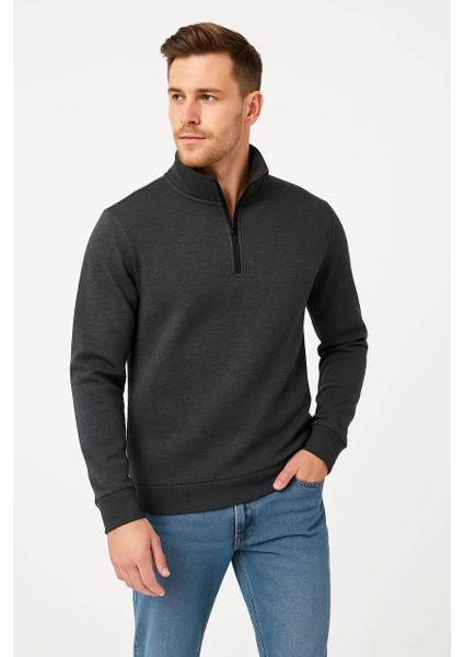 Erkek Dik Yaka Sweatshirt Dik Yaka Yarım Fermuarlı 3 Iplik Şardonlu Pamuk Kumaş - Antrasit fiyatları