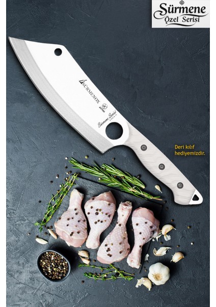 Sürmene Serisi Action Mutfak Şef Bıçağı Bıçak Kamp Bıçağı Deri Kılıflı Beyaz Verzalit Sap HDS-152