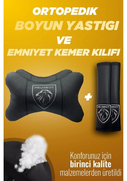 Peugeot Yeni Logo Boyun Yastığı + Emniyet Kemeri Kılıfı 4’lü Takım – Yumuşak Suni Deri, Estetik Tasarım ve Üstün Rahatlık
