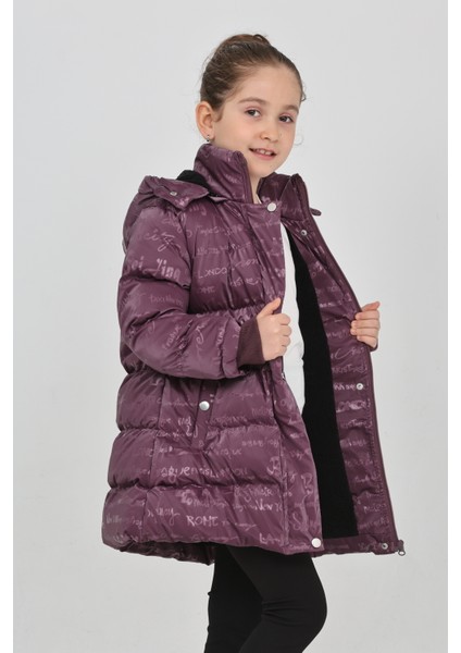 Kız Çocuk Mor Kışlık Kapüşonlu ve Fermuarlı Şişme Mont