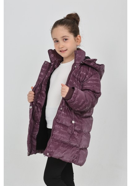 Kız Çocuk Mor Kışlık Kapüşonlu ve Fermuarlı Şişme Mont