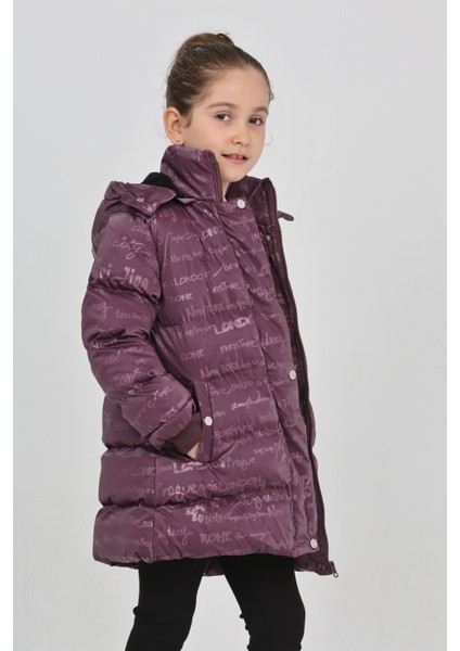 Kız Çocuk Mor Kışlık Kapüşonlu ve Fermuarlı Şişme Mont