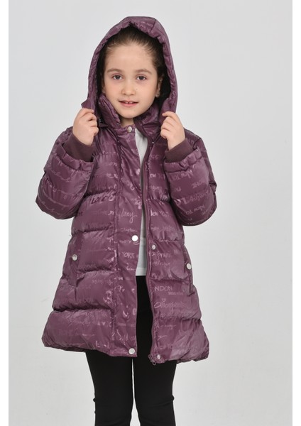 Kız Çocuk Mor Kışlık Kapüşonlu ve Fermuarlı Şişme Mont