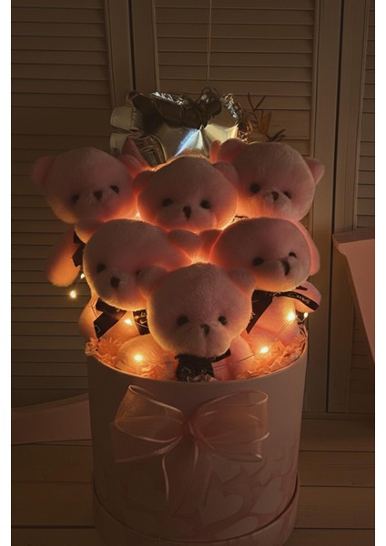 Premium Silindir Kalpli Pembe Kutusunda, Kalpli Balonlu LED Işıklı 6’lı Pembe Ayıcık Buketi modelleri