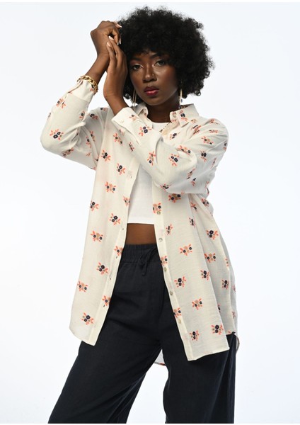 Kadın Krem Renk Oversıze Gömlek