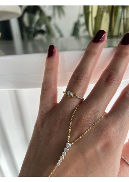 Çift Renkli Taşlı Gümüş Kalp Yüzük