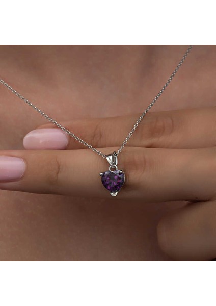 Gümüş Mor Taşlı Kalpli Kadın Kolye indirimleri