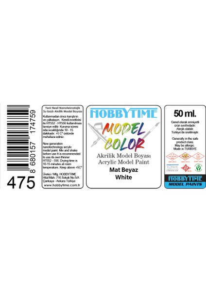 Hobbytime 475 50 Ml. Mat Beyaz (White ), Akrilik Model Boyası fiyatları