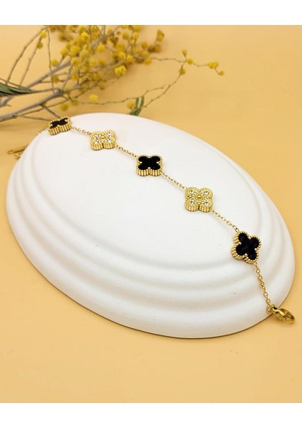 Siyah Zirkon Taşlı Gold Çift Taraflı Şans Yoncası Bileklik