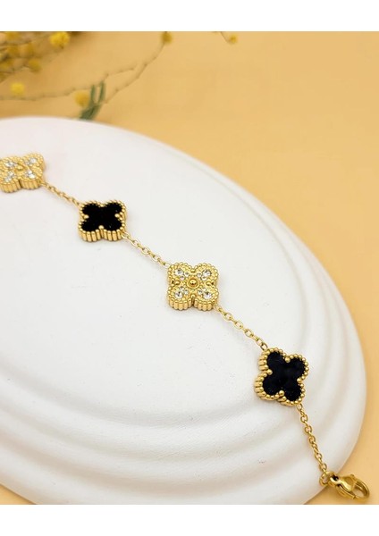 Siyah Zirkon Taşlı Gold Çift Taraflı Şans Yoncası Bileklik fiyatları