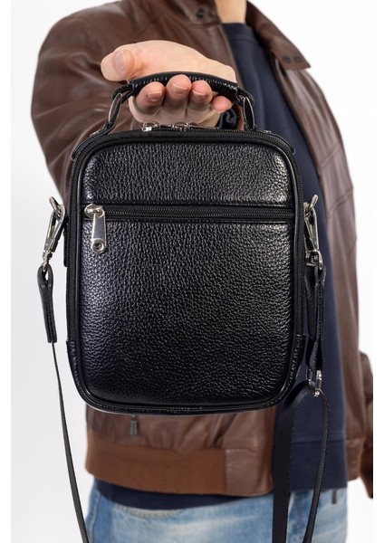 %100 Hakiki Deri Siyah Çelik Kasalı El ve Omuz Çanta Orta Boy