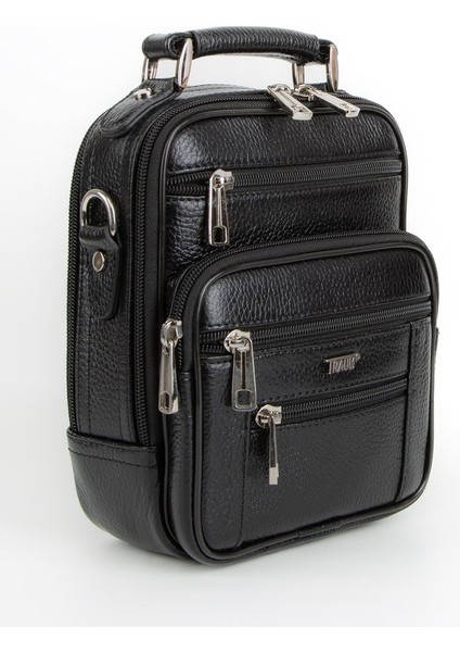 %100 Hakiki Deri Siyah Çelik Kasalı El ve Omuz Çanta Orta Boy