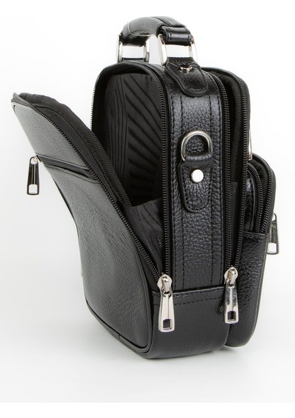 %100 Hakiki Deri Siyah Çelik Kasalı El ve Omuz Çanta Orta Boy