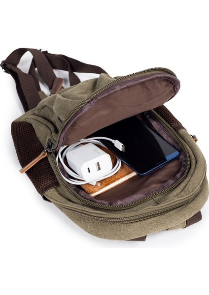 Kanvas Kumaş Çok Gözlü Hem Sırt Hem Çapraz Çanta Haki