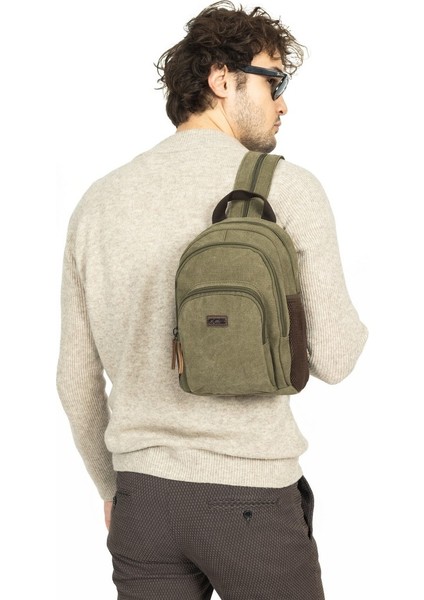 Kanvas Kumaş Çok Gözlü Hem Sırt Hem Çapraz Çanta Haki