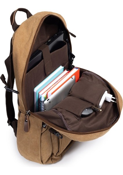 15,6 Inç Laptop Bölmeli Çok Bölmeli Kanvas Kumaş Sırt Çantası Haki indirimleri