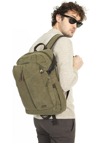 15,6 Inç Laptop Bölmeli Çok Bölmeli Kanvas Kumaş Sırt Çantası Haki