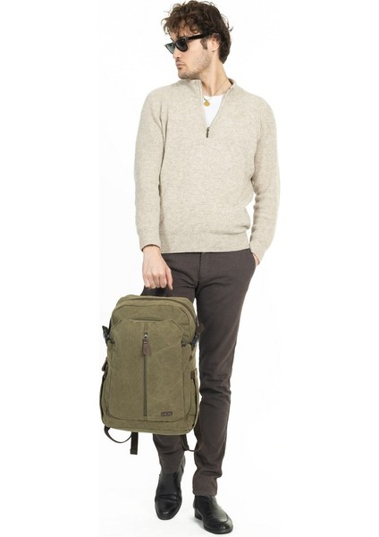 15,6 Inç Laptop Bölmeli Çok Bölmeli Kanvas Kumaş Sırt Çantası Haki