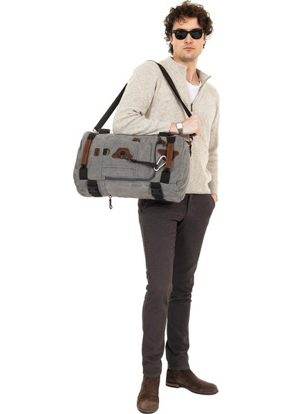 15,6 Laptop Bölmeli Kanvas Kumaş Dağcı & Seyehat & Günlük Çok Gözlü Hem Sırt Hem Omuz & El Çantası Gri