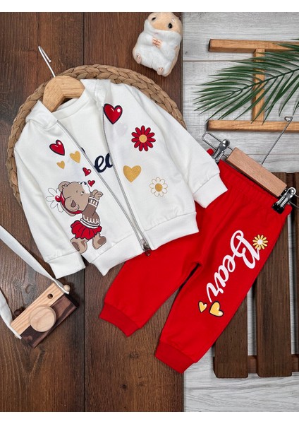 Pamuklu Hırkalı Fermuar Detaylı 3lu Kız Bebek Takım
