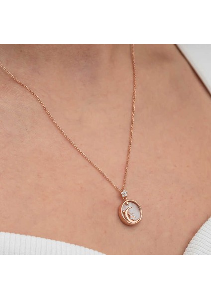 Gümüş Rose Sedef Taşlı Ay Yıldız Hilal Kadın Kolye