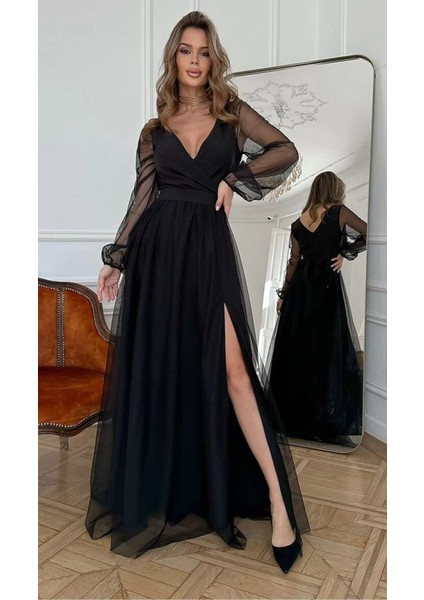 Kadın Tül Detaylı Uzun Abiye Elbise Siyah Kruvaze Yaka Derin Yırtmaçlı Tül Kol Maxi Gece Elbisesi