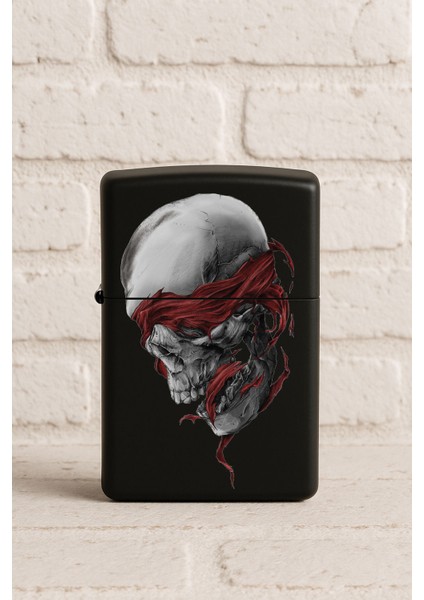 Uv Baskılı Desenli Metal Benzinli Siyah Çakmak Cep Çakmağı - Kafatası