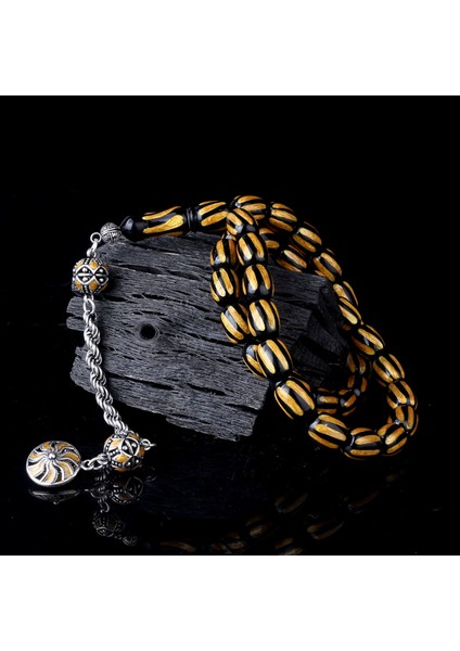 925 Ayar Gümüş Mineli Püsküllü Siyah Siyah Renk Ateş Kehribar Tesbih