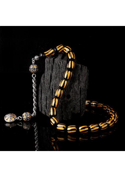 925 Ayar Gümüş Mineli Püsküllü Siyah Siyah Renk Ateş Kehribar Tesbih fiyatları