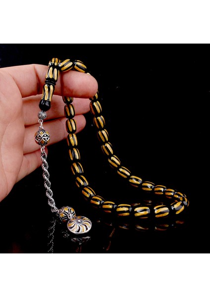 925 Ayar Gümüş Mineli Püsküllü Siyah Siyah Renk Ateş Kehribar Tesbih modelleri