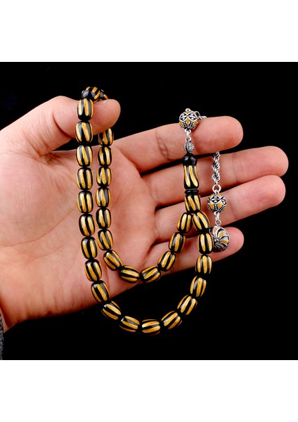 925 Ayar Gümüş Mineli Püsküllü Siyah Siyah Renk Ateş Kehribar Tesbih fırsatları