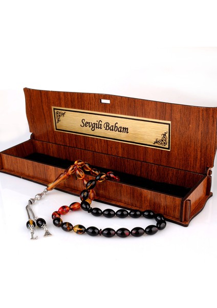Gümüş Püsküllü Sevgili Babam Yazılı Ahşap Kutulu Ateş Kehribar Tesbih