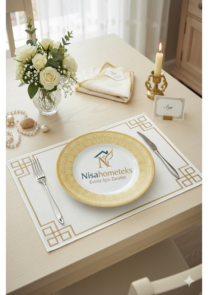 6 Adet Dikdörtgen Nakışlı Keten Amerikan Servis - Keten Supla