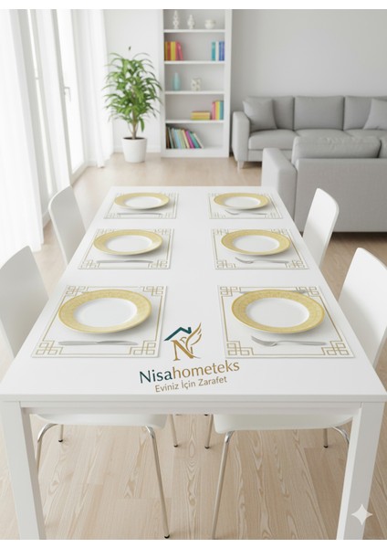 6 Adet Dikdörtgen Nakışlı Keten Amerikan Servis - Keten Supla