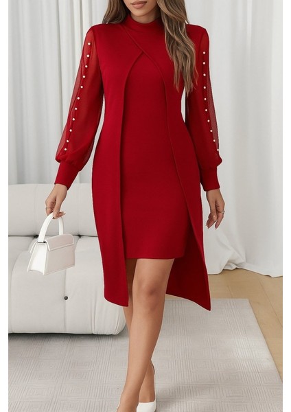 Kadın Uzun Kollu Yarı Balıkçı Yaka Tül ve Inci Detaylı Kısa Ithal Krep Midi Elbise modelleri