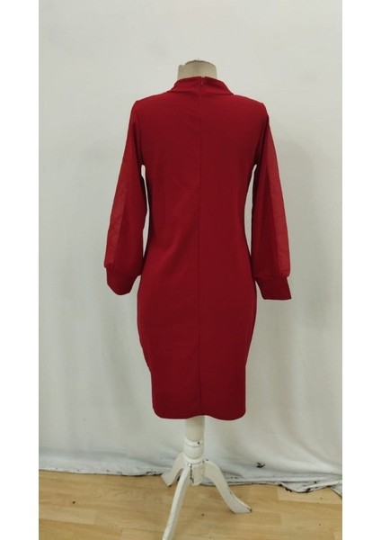 Kadın Uzun Kollu Yarı Balıkçı Yaka Tül ve Inci Detaylı Kısa Ithal Krep Midi Elbise indirimleri