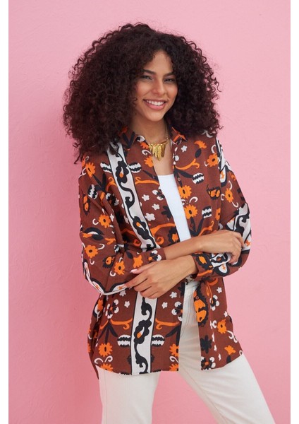 Dijital Baskılı Oversıze Kesim Keten Karışımlı Gömlek