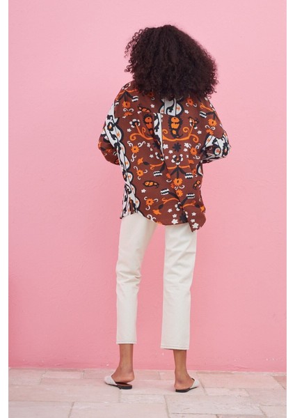 Dijital Baskılı Oversıze Kesim Keten Karışımlı Gömlek