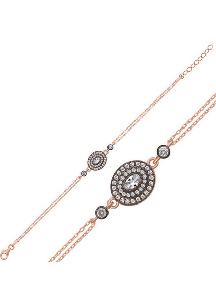 Gümüş Rose Oval Elmas Montür Kadın Bileklik