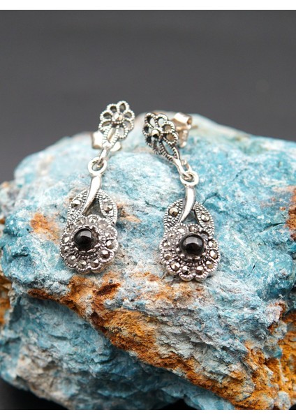 925 Ayar Gümüş Oltu Taşı Kadın Küpe SKÜ00023