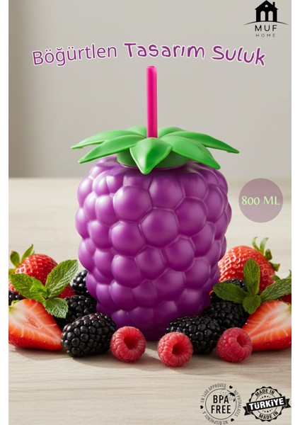 Böğürtlen Tasarım Pipetli Suluk Eğlenceli Böğürtlen Görünümlü Suluk 800 Ml-Bpa Free 1 Adet