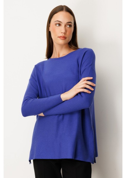 Kadın Yanları Fermuarlı Sıfır Yaka Triko Kazak 65318 Saks