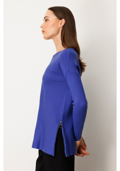 Kadın Yanları Fermuarlı Sıfır Yaka Triko Kazak 65318 Saks fiyatları