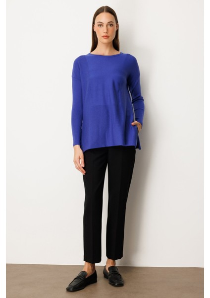 Kadın Yanları Fermuarlı Sıfır Yaka Triko Kazak 65318 Saks modelleri