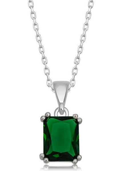 Gümüş Yeşil Zirkon Baget Taşlı Kadın Kolye